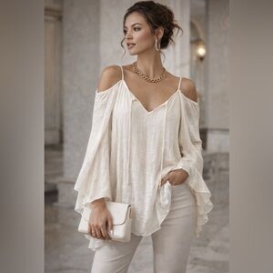Jodifl Cream Cold Shoulder Silk-Look Blouse Flowy Boho Luxe Statement Top
